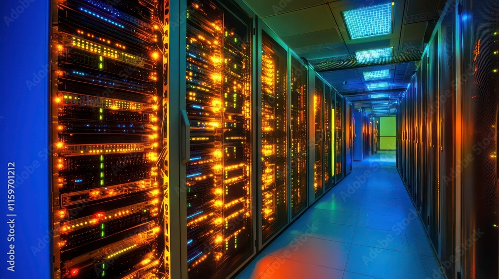 Poster Illuminated server room corridor with rows of data center racks.