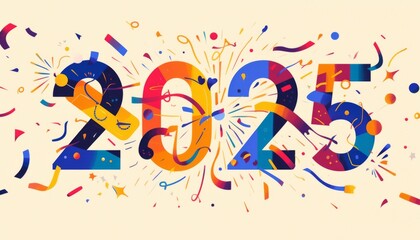 "2025" in Bold, Geometric Shapes Forming Fireworks and Confetti, with "HAPPY NEW YEAR" Banner on Light Beige Background. Modern and Festive New Year Design
