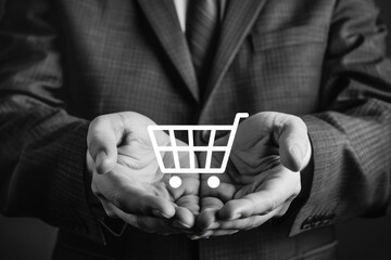 A business man's hands hold a shopping cart with products inside, symbolizing successful commerce.