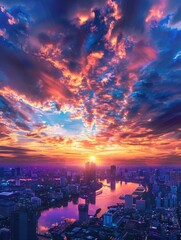 Obraz premium The city skyline with clouds, sunset glow, and reflections on the river at dusk.