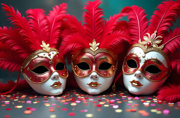 Obraz premium Three luxurious red and gold Mardi Gras masks adorned with feathers and intricate details, surrounded by colorful confetti on a festive table.
