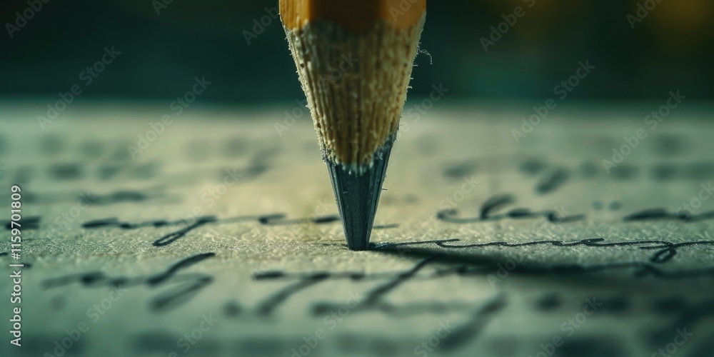 Poster pencil is on a piece of paper with writing. the pencil is sharpened and has a pointy tip. the writin