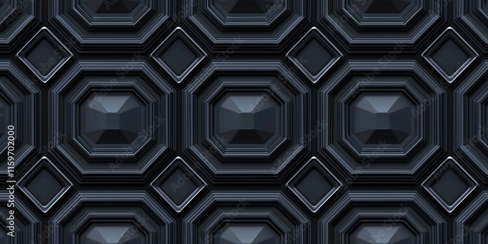 Poster abstract dark geometric pattern with octagons and squares, 3d render.