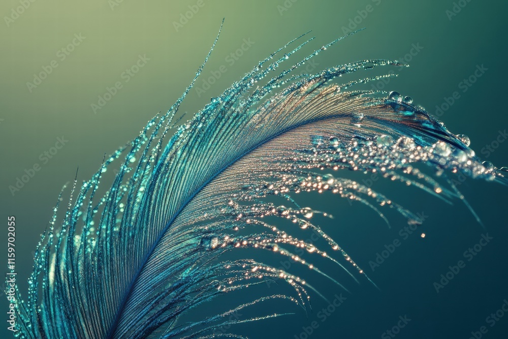 Leinwandbilder close up of a vibrant peacock feather adorned with fresh dew drops creating a serene and elegant atm