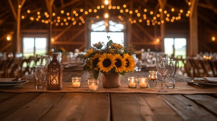 Rustic Barn Wedding Centerpiece Sunflowers Candles