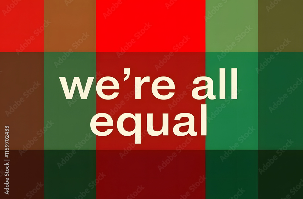 Fototapete simple and bold design with the message we're all equal on a background of red, green, and brown squ