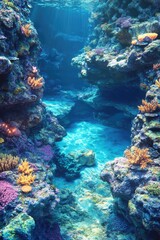 Naklejka na ściany i meble Vibrant marine life, coral formations, snorkeling spot, ocean floor, natural diving location.