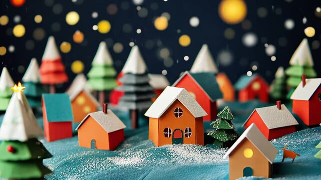 Playful Christmas Scene with Cute Origami in a Snowy Village Landscape