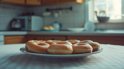 Delicious donuts sitting on a table in a kitchen.