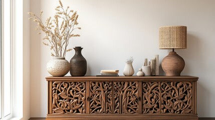 Warm Decorative Tabletop Mantel with Wooden Accents and Vases