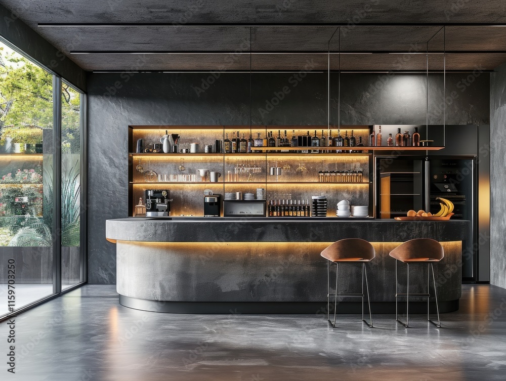 Poster modern bar with a dark color scheme and a glass window. the bar has a counter with a variety of drin