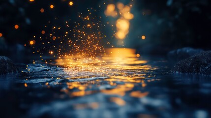 Glowing sparks over dark water, bokeh effect.