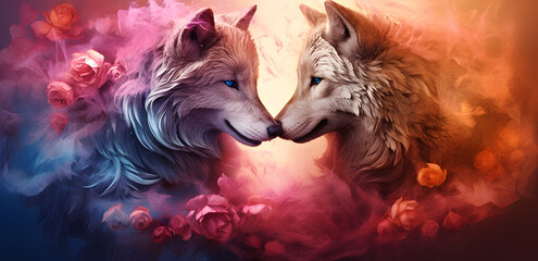 Two wolves in love surrounded with pink smoke	