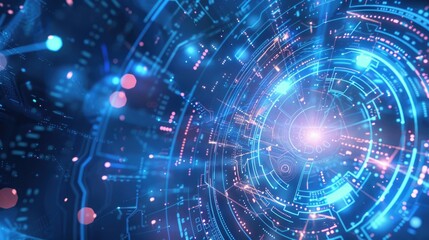 Obraz premium Żywy obraz cyfrowy o tematyce technologicznej i science fiction, przedstawiający kręgi danych na kosmicznym tle w neonowych kolorach.