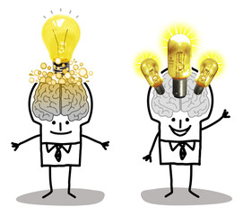 Set of 2 illustrations - Cartoon hand drawn stick characters with big brain - photographic collage - Lights and ideas concepts