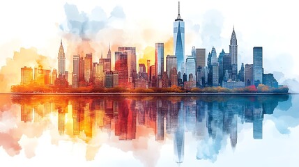 Watercolor illustration captures the essence of a bustling modern urban cityscape image