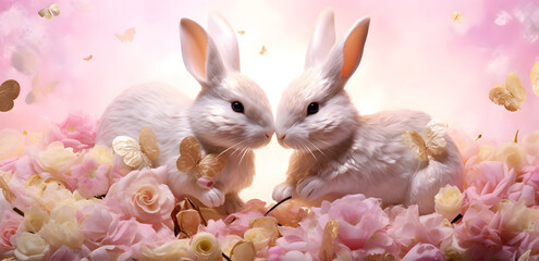 Two rabbits in love surrounded with pink flowers	