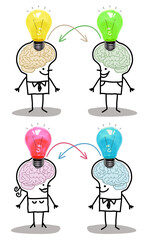 Set of 2 illustrations - Cartoon hand drawn stick characters with big brain - photographic collage - Exchanging new different ideas concept