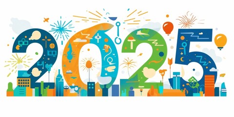 Simple Vector Graphic of "2025" in Green and Blue with Cityscape and Fireworks, Set Against a White Background for a Festive New Year Design.