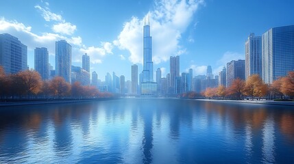 Obraz premium Calm waters mirror the urban skyline and skyscrapers under a glowing sunrise photo