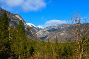 View of Voje valley and Tošc and Draški Vrh mountains in Julian alps, Gorenjska, Slovenia