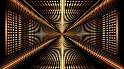 Abstract gold and black tunnel with light streaks and dot matrix walls.