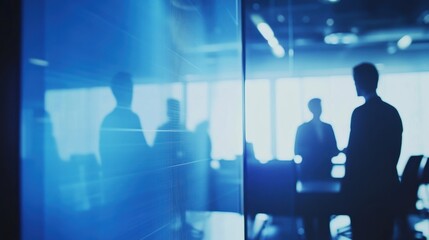 Corporate group in an advanced tech meeting room. Featuring interactive screens and smart technology