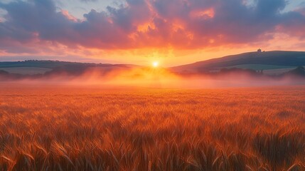 Fototapeta premium Golden Wheat Field Sunset Sunrise Landscape