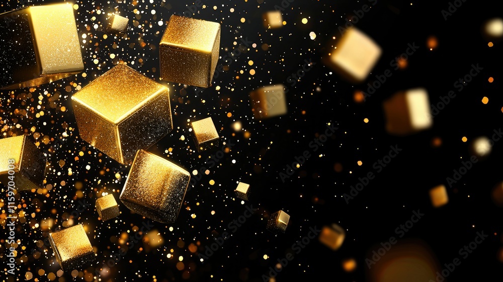 Poster abstract golden cubes and sparkles floating in dark space.