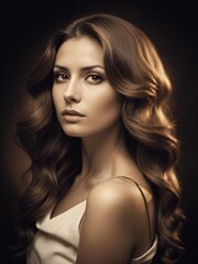 Naklejka premium 長い波打つ髪と穏やかな表情の若い女性の肖像。顔の細部、光沢のある髪、ぼかされた背景が優雅さと繊細さを醸し出します。柔らかな照明が自然な美しさと繊細な色調を引き立てます。