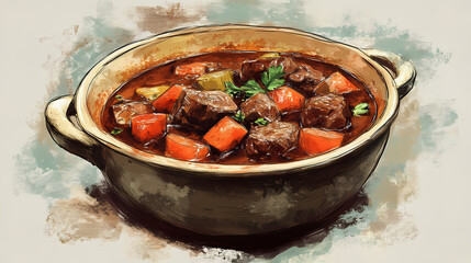 Hearty beef stew, simmered slow. rustic charm in a vintage crock. Gossamered. Illustration