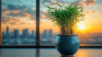 Bamboo plant in blue pot sunset city view
