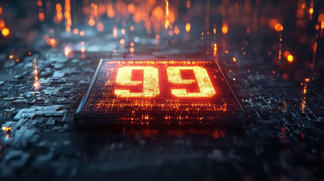 Glowing number ninety-nine on a circuit board. - Powered by Adobe