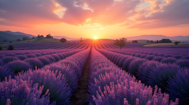 Magnifique champ de lavande au coucher du soleil


