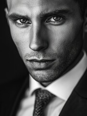 Fototapeta premium Chiseled Young Man with Intense Gaze, Dressed in Formal Suit
