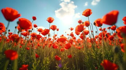 Obraz premium Schönes rotes Mohnfeld und blauer Himmel schönes Foto