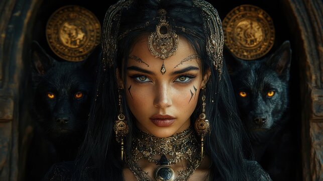 Hecate, Goddess of Magic with Black Wolves and Lunar Symbols