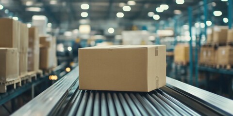 Pile of brown shipping boxes on conveyor belt in large warehouse. Efficient operations for online retailers.