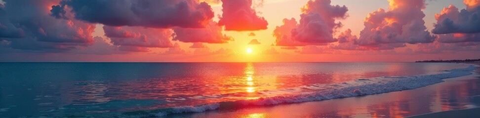 Fototapeta premium Vibrant colors of the setting sun reflect on calm waters of the ocean in Miami South Beach , evening, sky