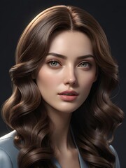 Fototapeta premium 長い波打つ髪と穏やかな表情の若い女性の肖像。顔の細部、光沢のある髪、ぼかされた背景が優雅さと繊細さを醸し出します。柔らかな照明が自然な美しさと繊細な色調を引き立てます。