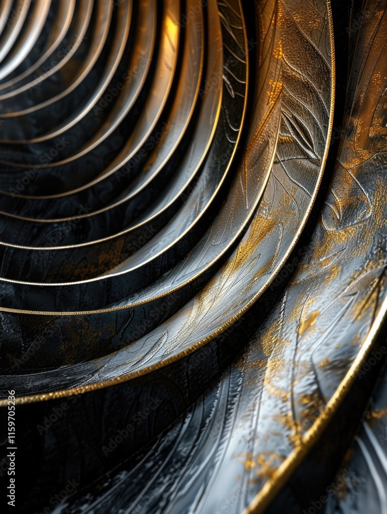 Poster a collection of gold, circular objects with textured surfaces and a metallic sheen. these abstract r