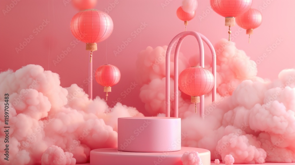 Poster pink background with a pink and white structure in the middle. the structure is surrounded by pink a