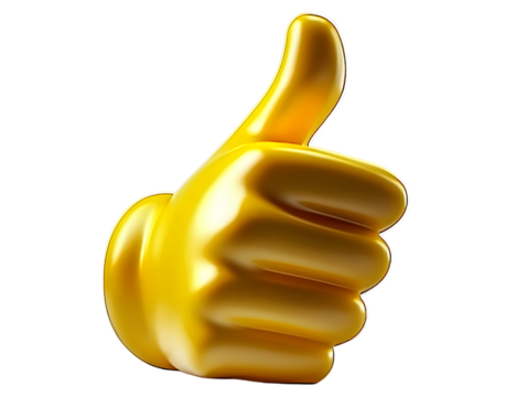 Bright 3D yellow thumbs-up icon symbolizing positivity, approval, or success. Commonly used in digital communication to express agreement or encouragement.