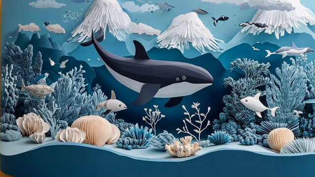Playful Colorful Origami Whales and Dolphins Swimming Underwater in a Happy Ocean Scene