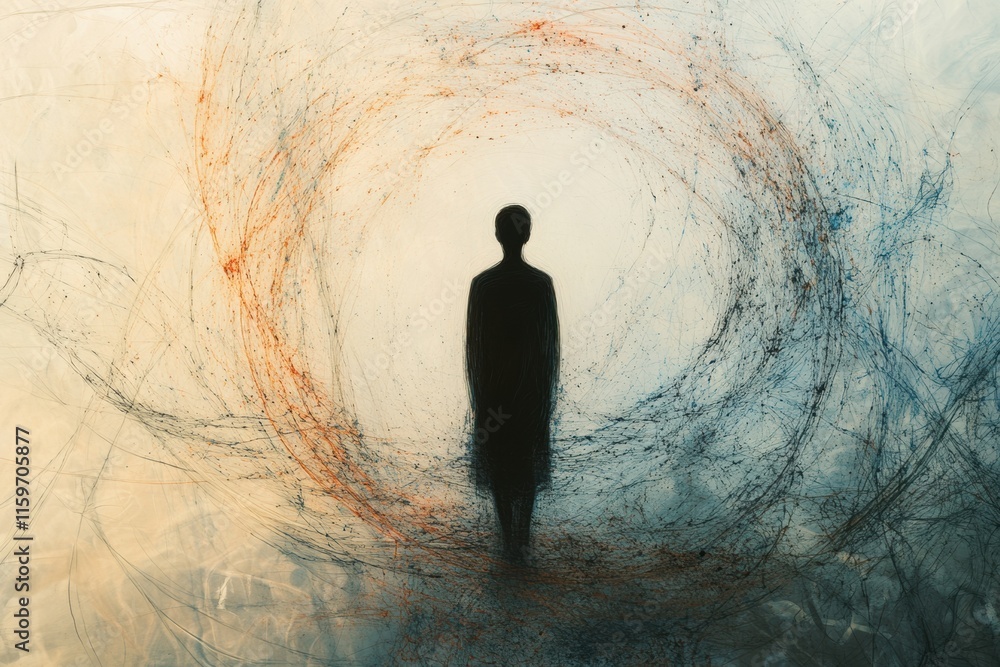 Aufkleber human silhouette lost in an abstract whirlwind, conveying a deep sense of loneliness and isolation i