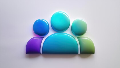 青、紫、緑のグラデーションが施された光沢のあるガラスで作られた、人々のグループを表すスタイリッシュなアイコン。三次元の効果と繊細な照明は、コミュニティ、つながり、協力の概念を、モダンで未来的なデザインで表現しています。

