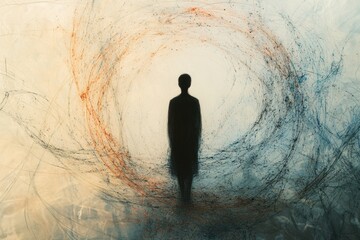 Human silhouette lost in an abstract whirlwind, conveying a deep sense of loneliness and isolation in a chaotic world. Generative AI