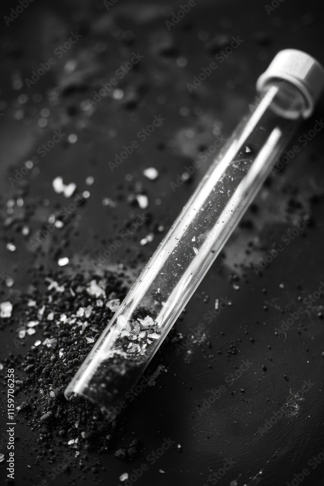 Poster close up image of a clear test tube filled with ground black substance, placed on a dark surface. th