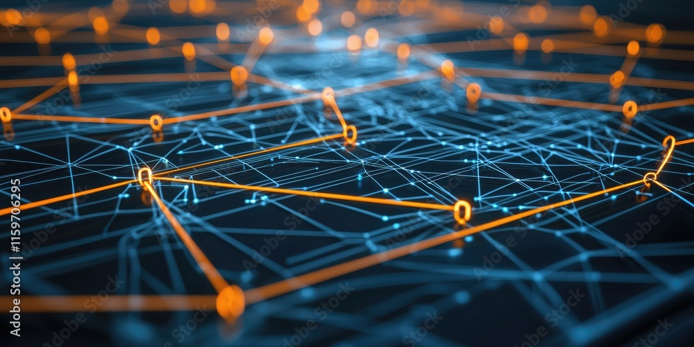 Poster abstract network connection, digital data flow, glowing nodes and lines.