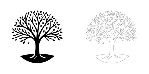 Elegant Tree Icons: A pair of stylized tree illustrations, one solid black and one outlined, perfect for logos, branding, or nature-themed designs. 